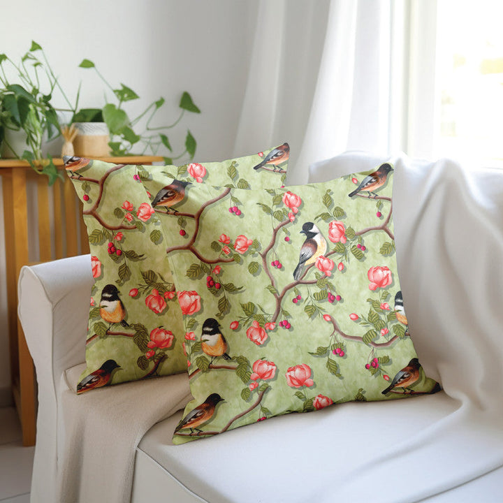 Blackout Polyester Sage Green Birds Cushion Cover (Pack of 2)