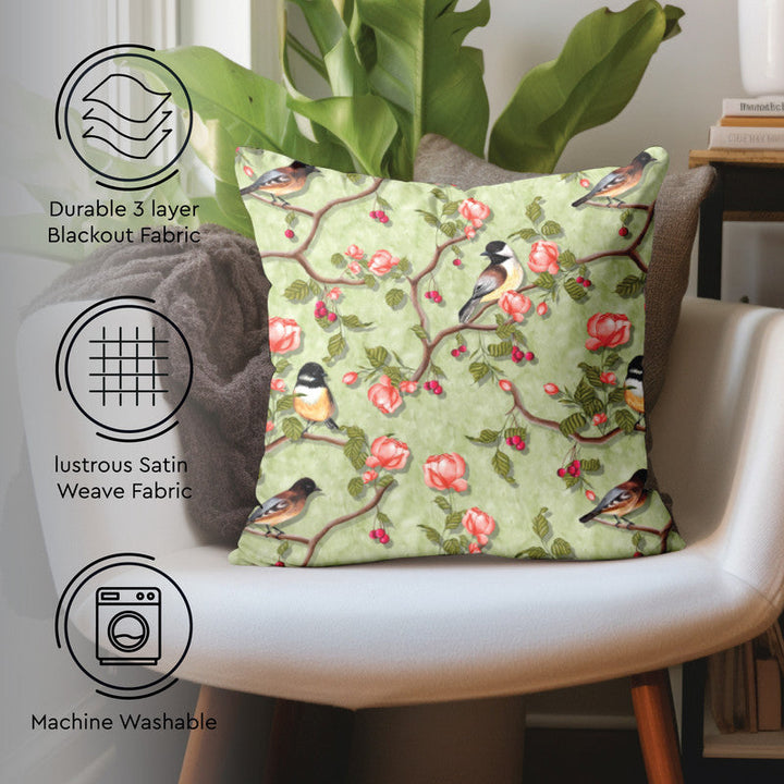 Blackout Polyester Sage Green Birds Cushion Cover (Pack of 2)