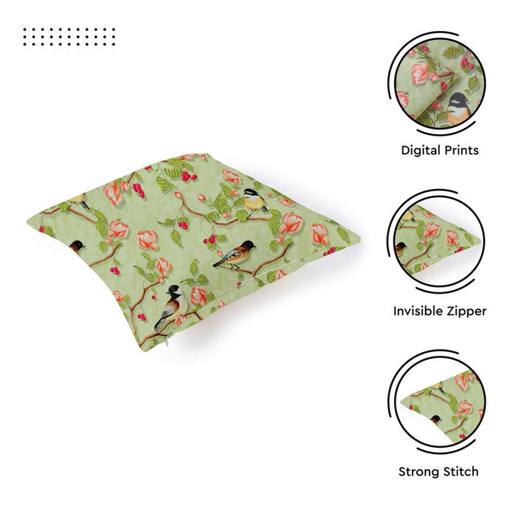 Blackout Polyester Sage Green Birds Cushion Cover (Pack of 2)