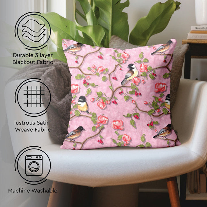 Blackout Polyester Dusty Pink Birds Cushion Cover (Pack of 2)