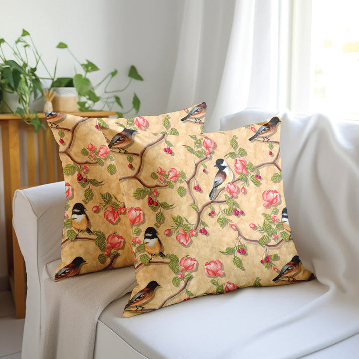 Blackout Polyester Pale Gold Birds Cushion Cover (Pack of 2)