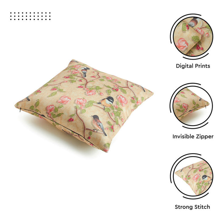 Blackout Polyester Pale Gold Birds Cushion Cover (Pack of 2)
