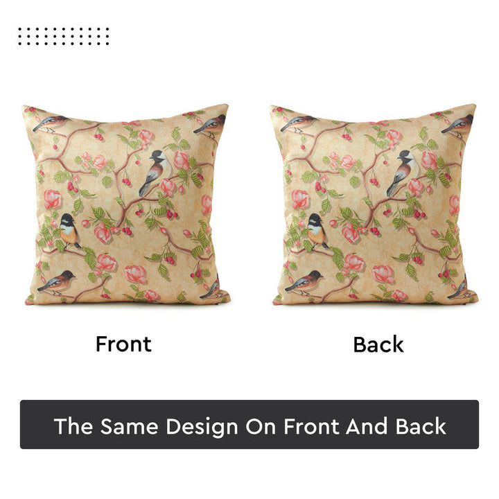 Blackout Polyester Pale Gold Birds Cushion Cover (Pack of 2)