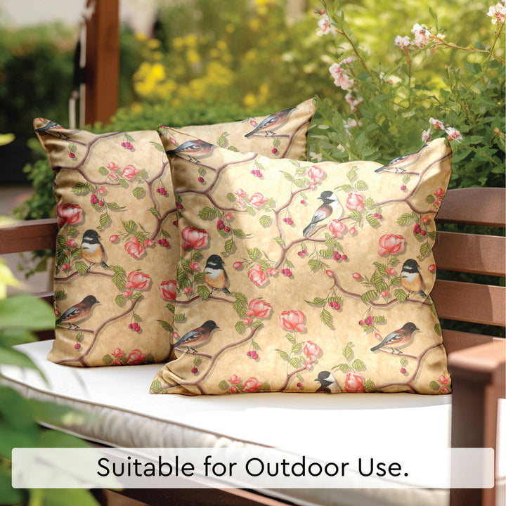 Blackout Polyester Pale Gold Birds Cushion Cover (Pack of 2)